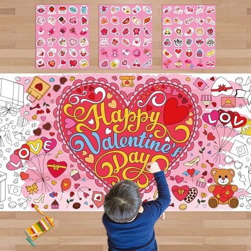 91 PCS Valentine's Stickers with Giant Coloring Poster